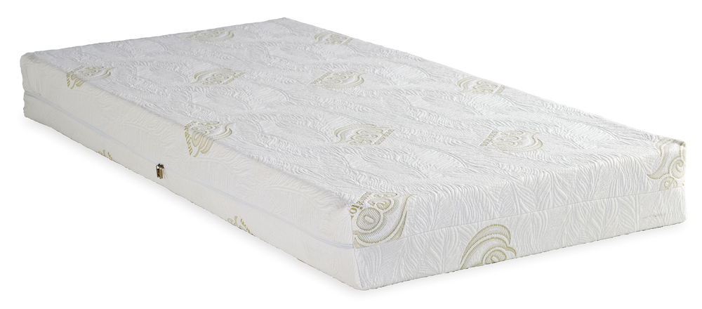 874 Filoxenia Eco Foam 300 — Angled view: white cover with subtle green motifs and stitched edges. Feel: medium. Anatomical mattress.