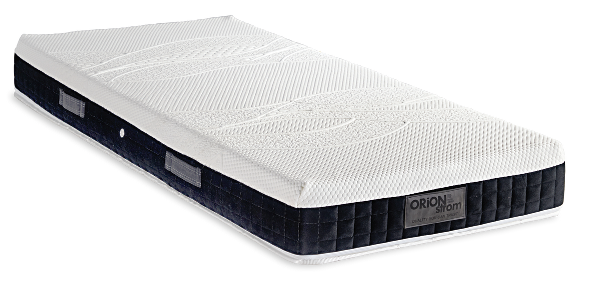 876 Filoxenia Absolut Memory Gel Tablet Afrolatex Foam 3500 — Angled view: thin white textured top and a dark-blue border. Feel: soft. Anatomical mattress.