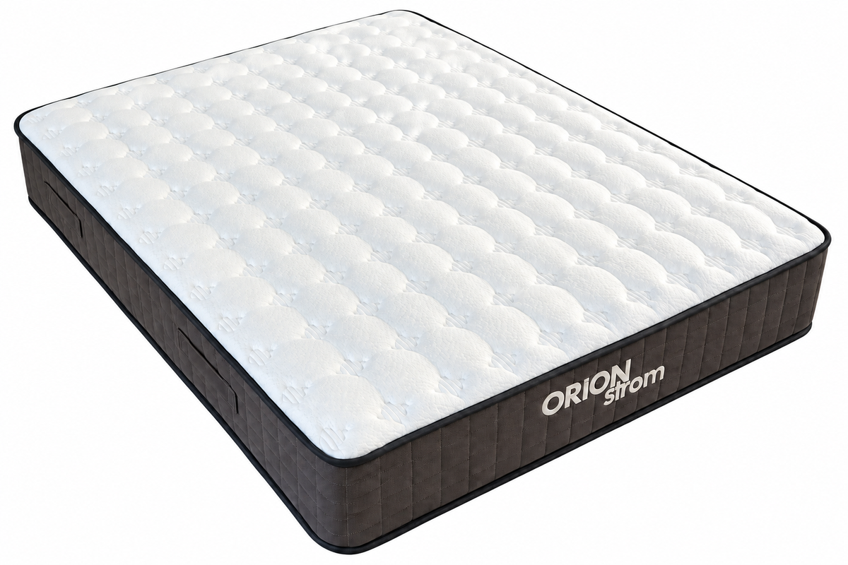 ORION ATLAS — Angled view of the mattress with a white quilted surface, small repeating knitted patterns, a dark side panel with square stitching, black piping and the ORION Strom logo.