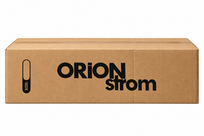 ORION ATLAS — Tall Roll Pack carton in natural brown, with the black ORION Strom logo and a size label field. Packaging designed for easy mattress transport and storage.