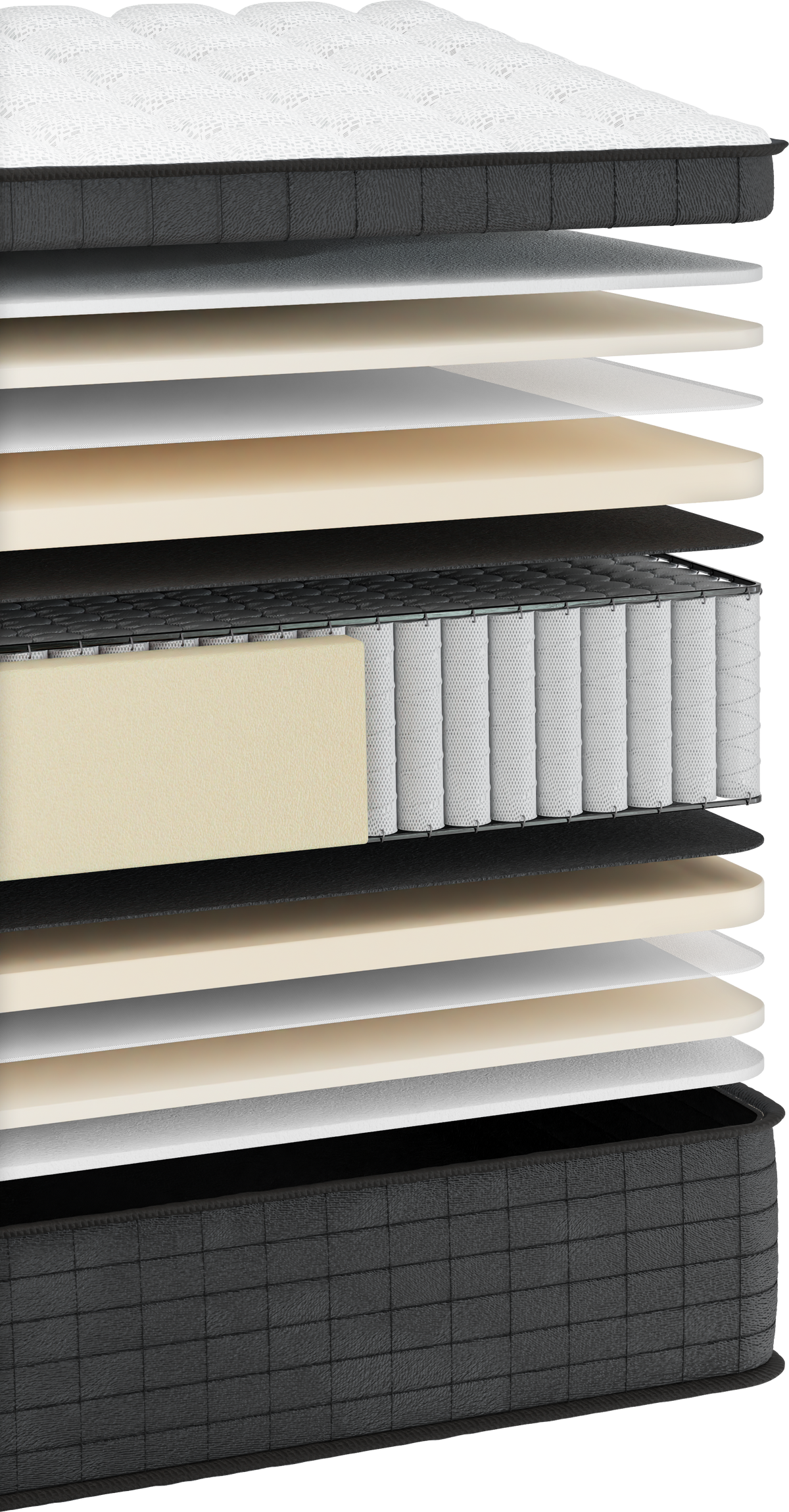 ORION ATLAS — 3D cutaway showing 13 layers: white Silver fabric, 150 g/m² wadding, cream 1.5 cm Foam Nº200, white non-woven G 15, 3 cm Foam Nº250 and dark 800 g/m² soft felt. The core contains individually wrapped 18 cm pocket springs with 2 mm wire and a foam perimeter. The materials are repeated symmetrically below the core. The raised white quilting, dark grey side panel and black piping remain visible. Overall feel: medium, 5.5/10.