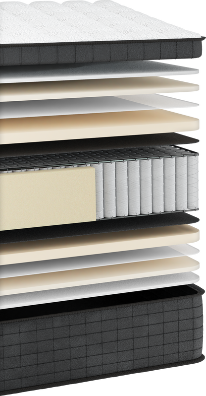 ORION ATLAS — 3D cutaway showing 13 layers: white Silver fabric, 150 g/m² wadding, cream 1.5 cm Foam Nº200, white non-woven G 15, 3 cm Foam Nº250 and dark 800 g/m² soft felt. The core contains individually wrapped 18 cm pocket springs with 2 mm wire and a foam perimeter. The materials are repeated symmetrically below the core. The raised white quilting, dark grey side panel and black piping remain visible. Overall feel: medium, 5.5/10.
