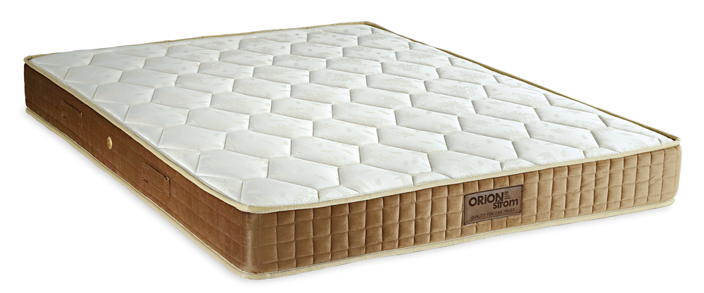 3008 Smart Aloe Cotton Alpha — Πλάγια όψη: λευκή ανάγλυφη καπιτονέ επιφάνεια και καφέ πλαϊνό ύφασμα με χρυσαφί περίγραμμα. Αίσθηση: μέτρια προς σκληρή. Ορθοπεδικό στρώμα.