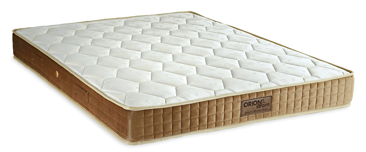 3008 Smart Aloe Cotton Alpha — Πλάγια όψη: λευκή ανάγλυφη καπιτονέ επιφάνεια και καφέ πλαϊνό ύφασμα με χρυσαφί περίγραμμα. Αίσθηση: μέτρια προς σκληρή. Ορθοπεδικό στρώμα.