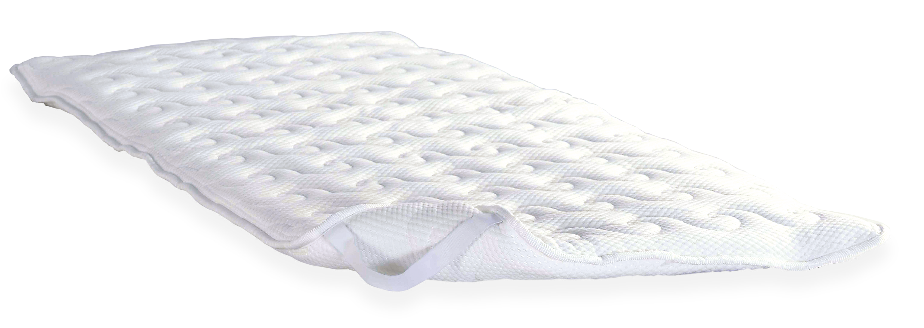 3117 Smart Hotel Excellence Super Soft — Κοντινή όψη δεξιάς γωνίας: λεπτό λευκό καπιτονέ ύφασμα με ανάγλυφα καμπύλα μοτίβα και ραμμένη άκρη.
