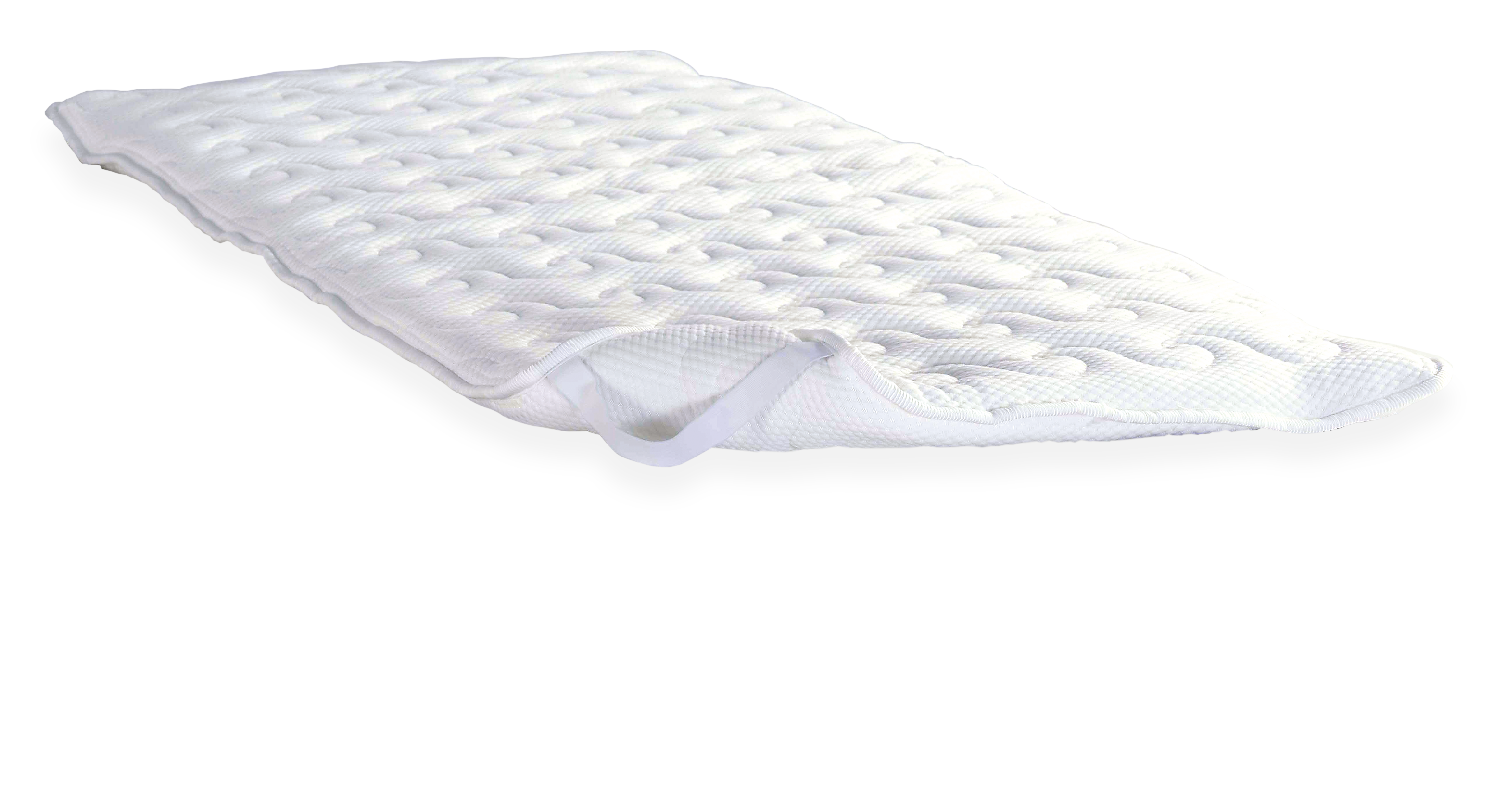 3118 Smart Hotel Excellence Hyper Soft — Κοντινή όψη δεξιάς γωνίας: λεπτό λευκό καπιτονέ ύφασμα με ανάγλυφα καμπύλα μοτίβα και ραμμένη άκρη.
