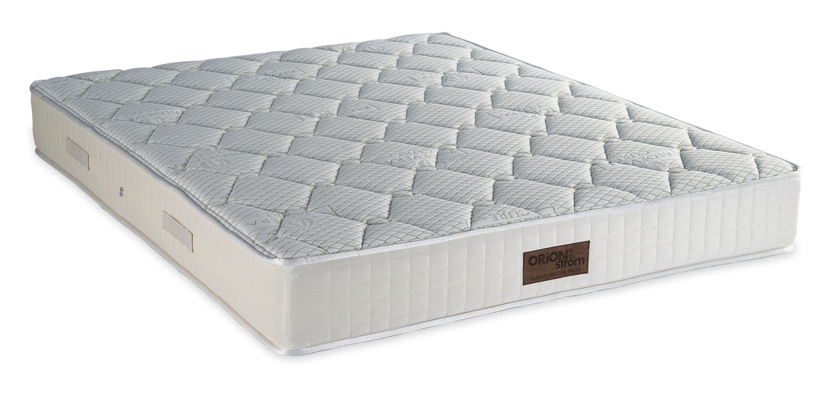 317 Smart Aloe Vera Cotton HR Coco — Πλάγια όψη: λευκή καπιτονέ επιφάνεια με μικρούς ρόμβους και εκρού πλαϊνό ύφασμα. Αίσθηση: πολύ σκληρή. Ορθοπεδικό στρώμα.