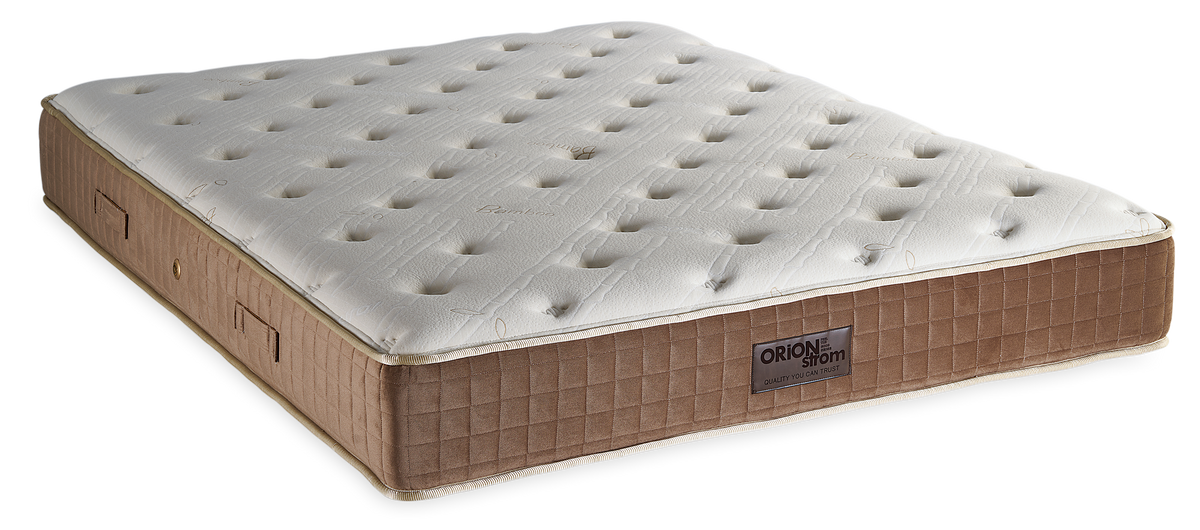 332 Smart Bamboo Hyper Soft Special — Πλάγια όψη: λευκή επιφάνεια με βαθύ καπιτονέ και καφέ πλαϊνή φάσα με κάθετες ραφές. Αίσθηση: μαλακή. Ορθοπεδικό στρώμα.