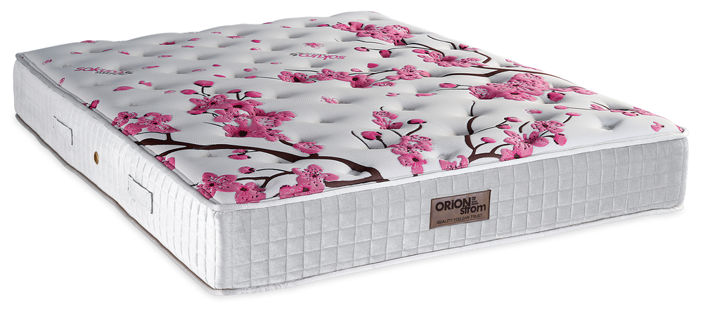 350 Smart Sakura Memory Hyper Soft — Πλάγια όψη: λευκή επιφάνεια με ροζ λουλούδια και ανοιχτό γκρι πλαϊνό ύφασμα. Αίσθηση: μαλακή. Ορθοπεδικό στρώμα.