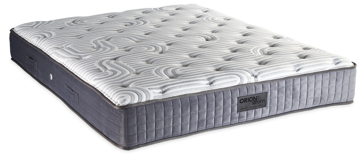 357 Smart London Cotton Cool Max Hyper Soft Extra Memory Gel Mini Bonnell — Πλάγια όψη: λευκή ανάγλυφη καπιτονέ επιφάνεια και γκρι πλαϊνό ύφασμα με κάθετες ραφές. Αίσθηση: μέτρια προς μαλακή. Ορθοπεδικό στρώμα.
