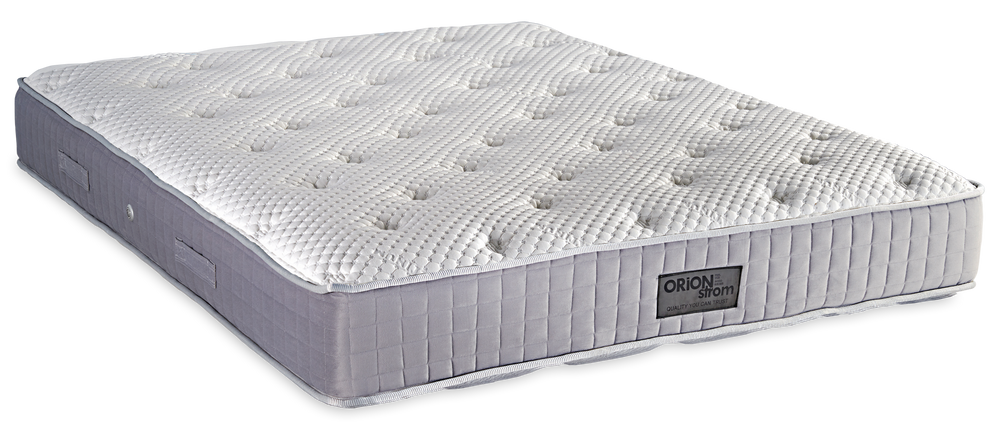 369 Smart Platinum Cotton Latex Wool Afrolatex Coco Mini Bonnell — Πλάγια όψη: λευκή ανάγλυφη καπιτονέ επιφάνεια και γκρι πλαϊνό ύφασμα με κάθετες ραφές. Αίσθηση: μέτρια. Ορθοπεδικό στρώμα.