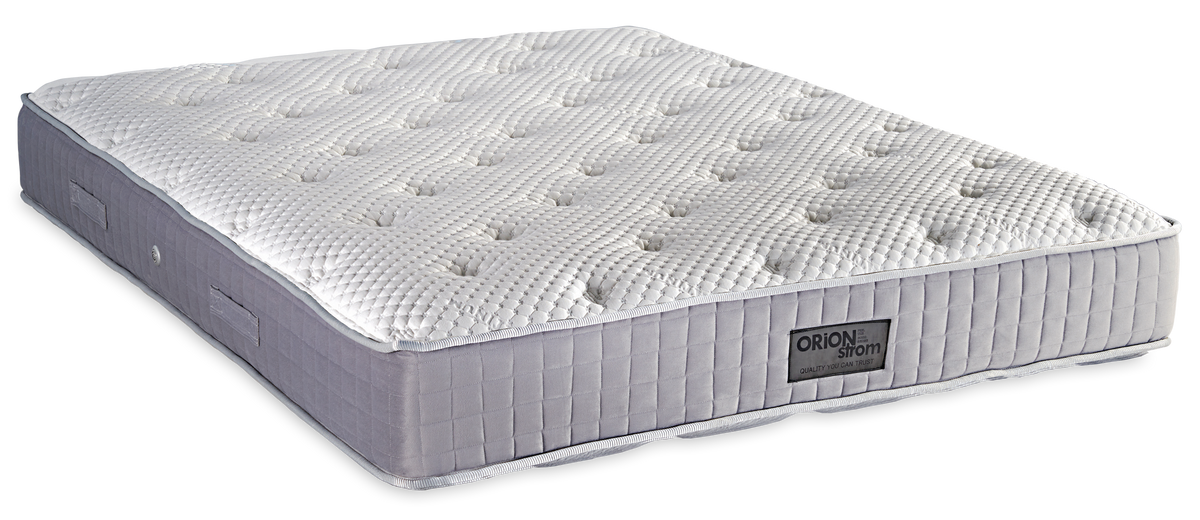 369 Smart Platinum Cotton Latex Wool Afrolatex Coco Mini Bonnell — Πλάγια όψη: λευκή ανάγλυφη καπιτονέ επιφάνεια και γκρι πλαϊνό ύφασμα με κάθετες ραφές. Αίσθηση: μέτρια. Ορθοπεδικό στρώμα.