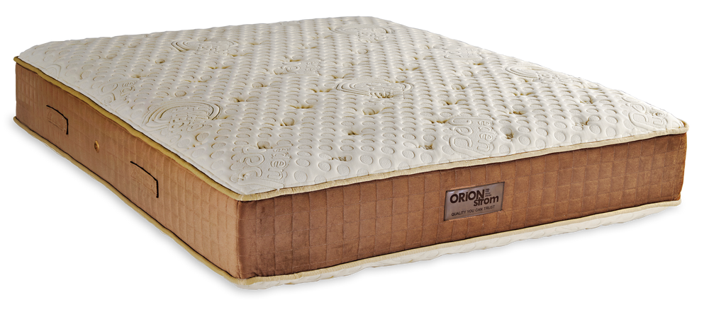 375 Smart President Bio Cotton Royal Latex Wool Mini Bonnell — Πλάγια όψη: λευκή ανάγλυφη καπιτονέ επιφάνεια και καφέ πλαϊνό ύφασμα με χρυσαφί περίγραμμα. Αίσθηση: μέτρια. Ορθοπεδικό στρώμα.