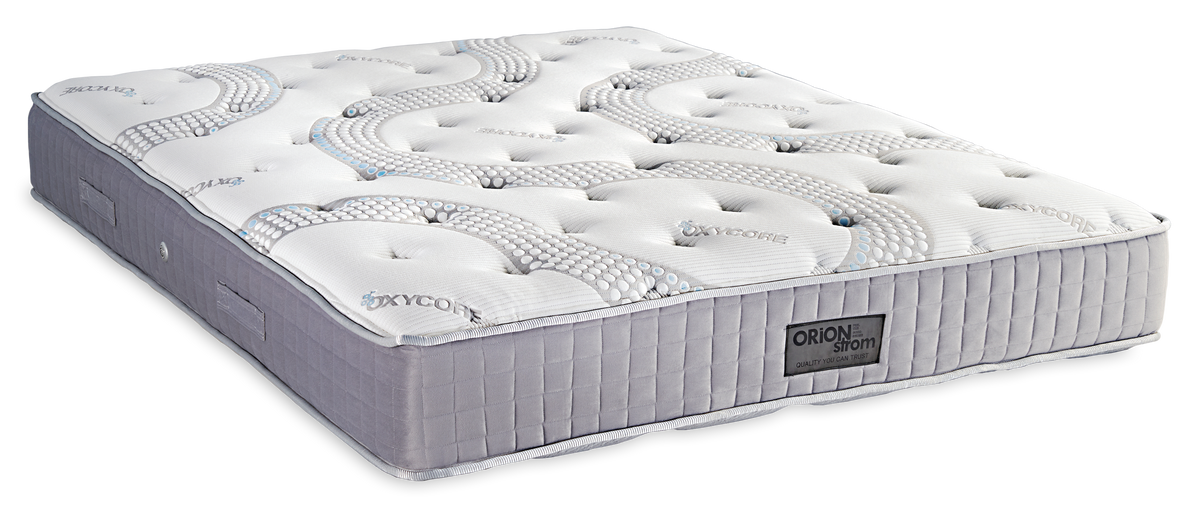 432 Smart Oxycore Memory HR Pocket — Πλάγια όψη: λευκή ανάγλυφη καπιτονέ επιφάνεια και γκρι πλαϊνό ύφασμα με κάθετες ραφές. Αίσθηση: μαλακή. Ανατομικό στρώμα.