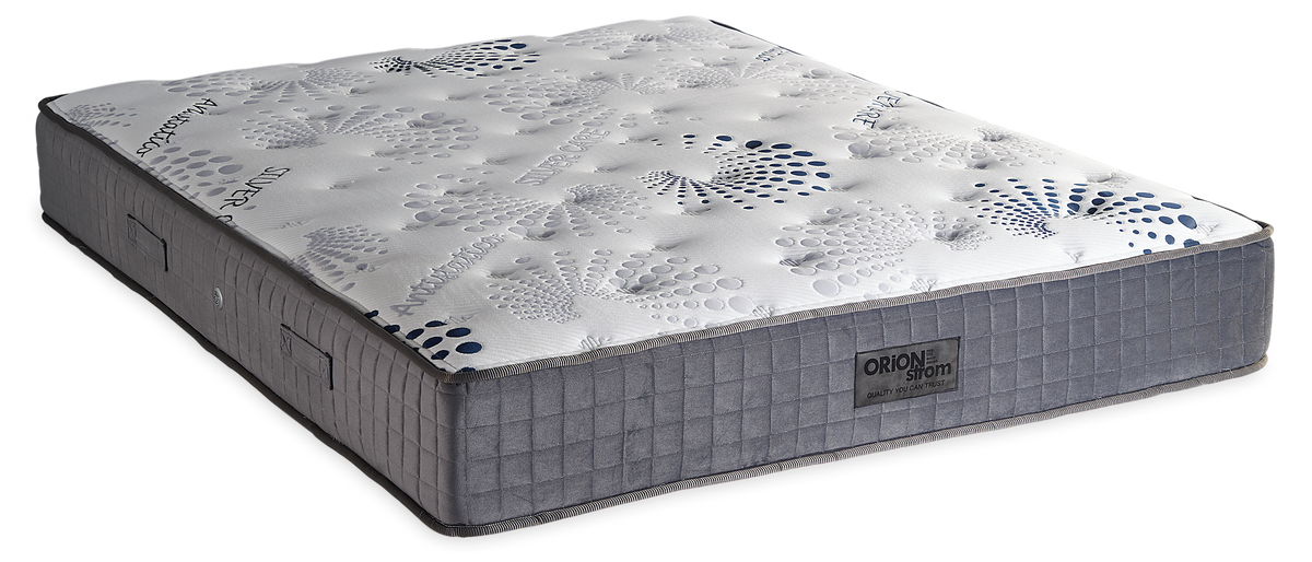 440 Smart Silvercare Cotton Latex Memory Gel HR Orion Zone Pocket — Πλάγια όψη: λευκή καπιτονέ επιφάνεια με μπλε μοτίβα και γκρι πλαϊνή φάσα. Αίσθηση: μέτρια. Ανατομικό στρώμα.