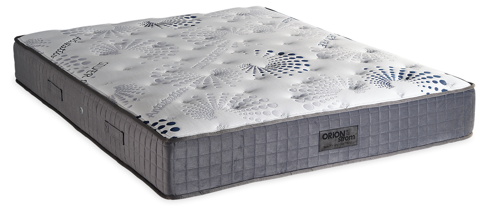 443 Smart Silvercare Cotton Latex Extra Memory Gel Orion Zone Pocket — Πλάγια όψη: λευκή καπιτονέ επιφάνεια με μπλε μοτίβα και γκρι πλαϊνή φάσα. Αίσθηση: μέτρια. Ανατομικό στρώμα.