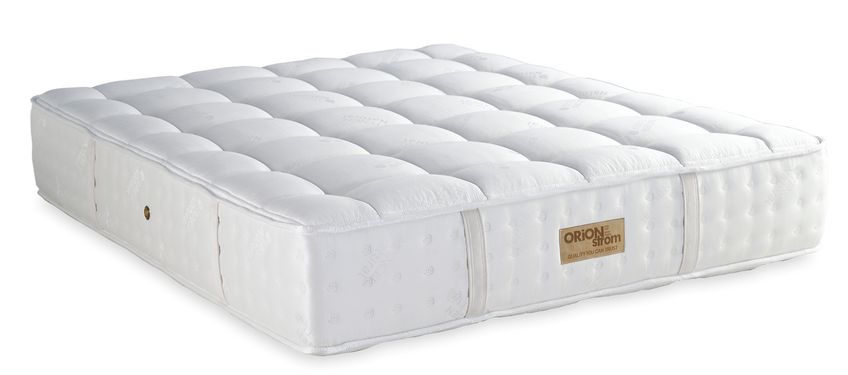 5123 Comfort Hotel Nature Tencel Cotton Latex Wool Memory Gel High Pocket Handmade — Πλάγια όψη: λευκή επιφάνεια με βαθύ καπιτονέ και πλαϊνή φάσα με κάθετες ραφές. Αίσθηση: μέτρια προς μαλακή. Ανατομικό στρώμα.