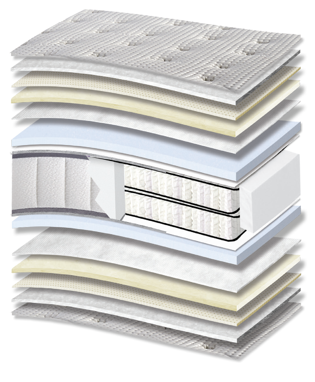 461 Smart Platinum Cotton Latex Wool HR Double Pocket: 16-layer cutaway. Materials: cover fabric, cotton wadding, latex, wool wadding, non-woven, foam, Kevlar, double pocket springs and HR foam. The illustration includes beige tones. latex for elastic response; HR for resilient recovery. The individually wrapped springs provide anatomical support, following body contours. Overall feel: medium.