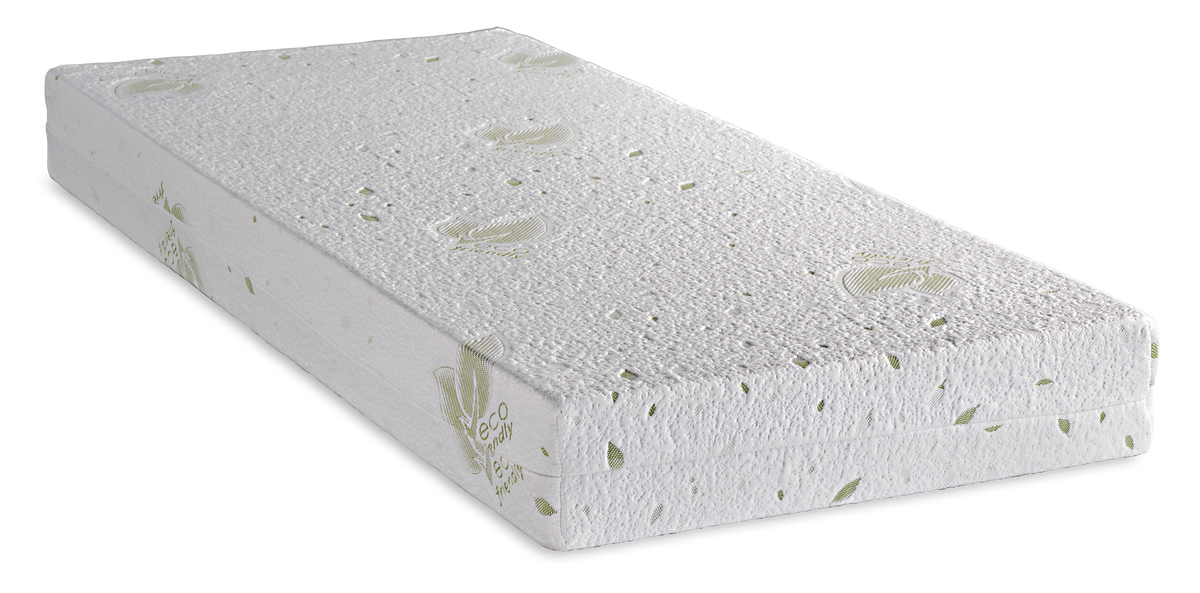 474 Smart Eco Foam 300 — Angled view: white cover with subtle green motifs and stitched edges. Feel: medium. Anatomical mattress.