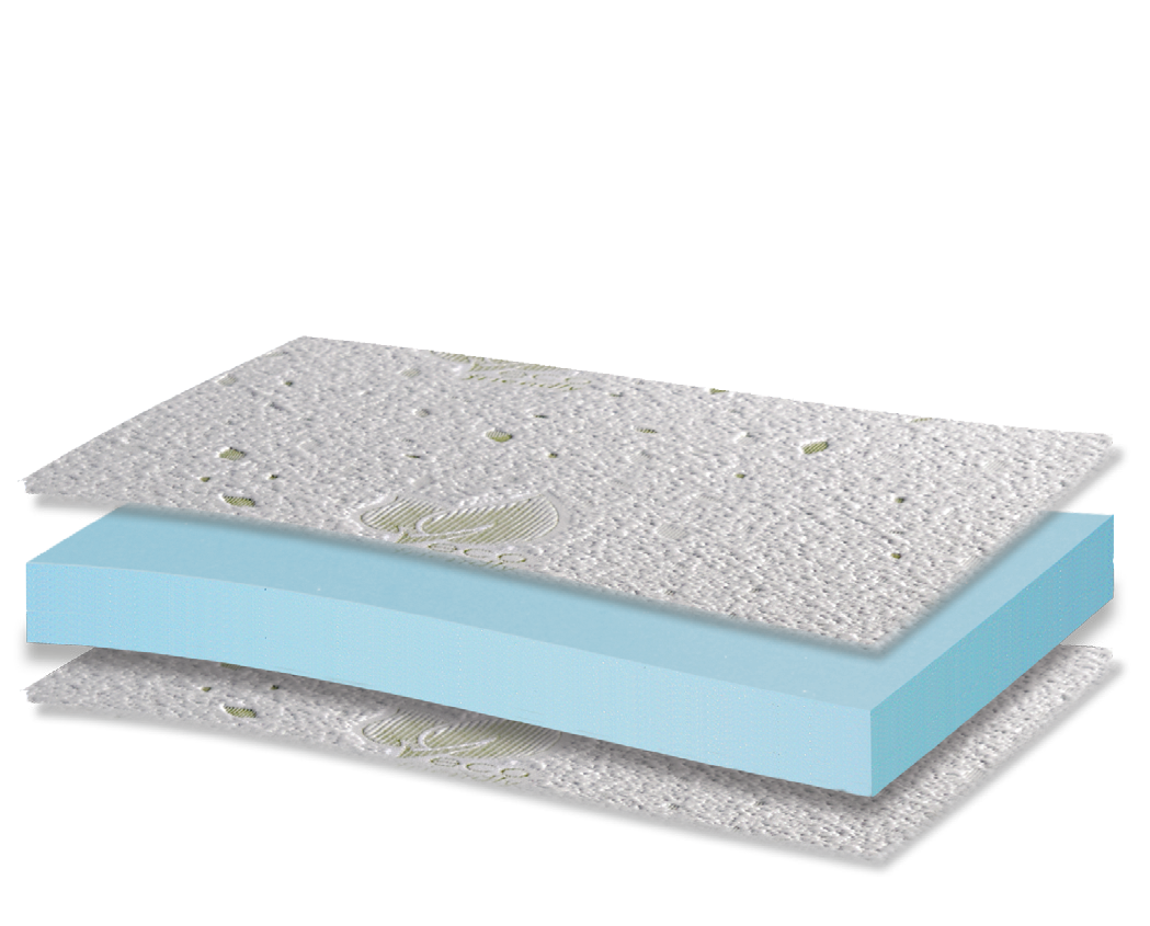 474 Smart Eco Foam 300: 3-layer cutaway. Materials: cover fabric and foam. The illustration includes blue tones. The upholstery forms the comfort surface. The foam core forms the base that supports the body. Overall feel: medium.