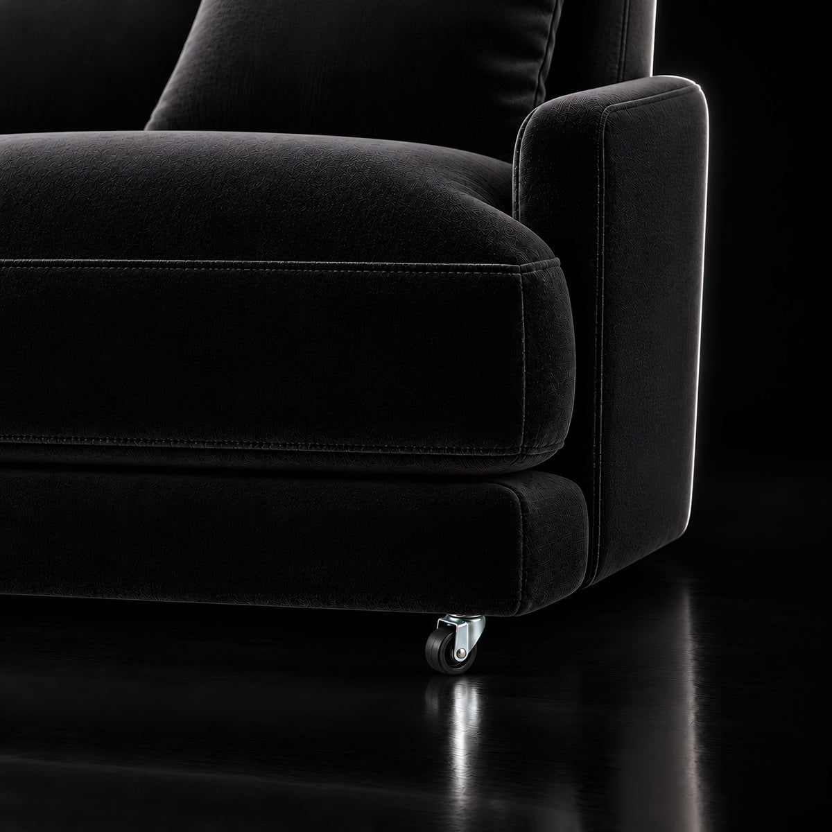 Caster K 136 38 × 14 mm — Caster K 136 38 × 14 mm · on a sofa, black studio