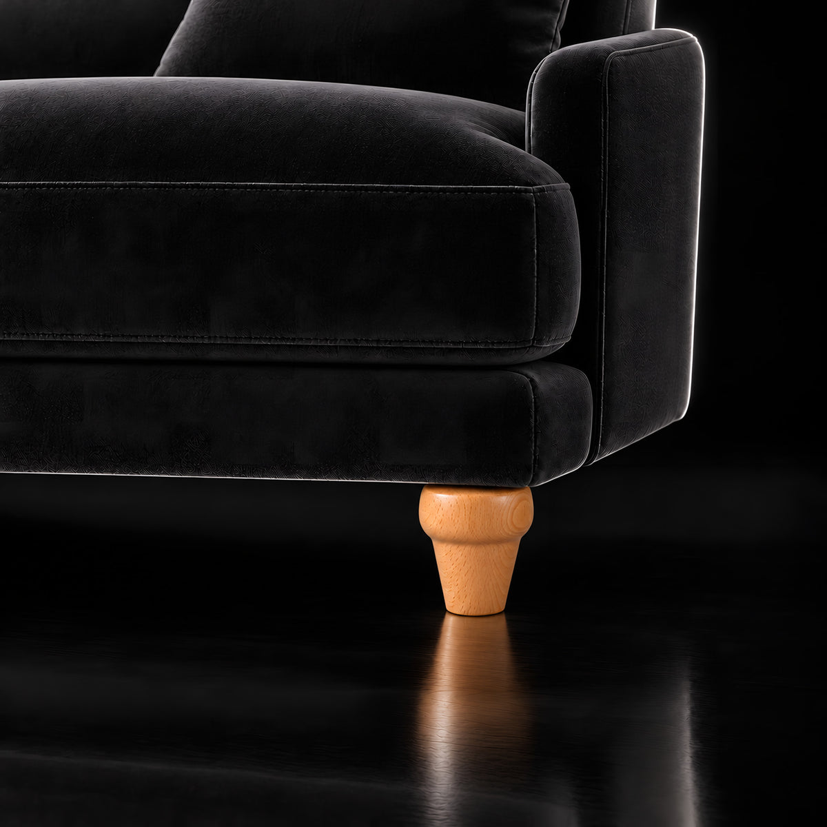 Wooden leg 109 — Wooden leg 109 · on a sofa, black studio