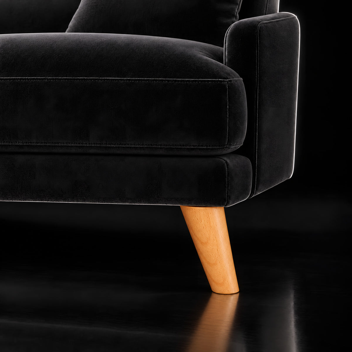 Wooden leg 111 — Wooden leg 111 · on a sofa, black studio