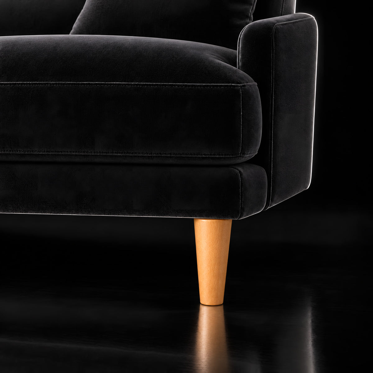 Wooden leg 113 — Wooden leg 113 · on a sofa, black studio
