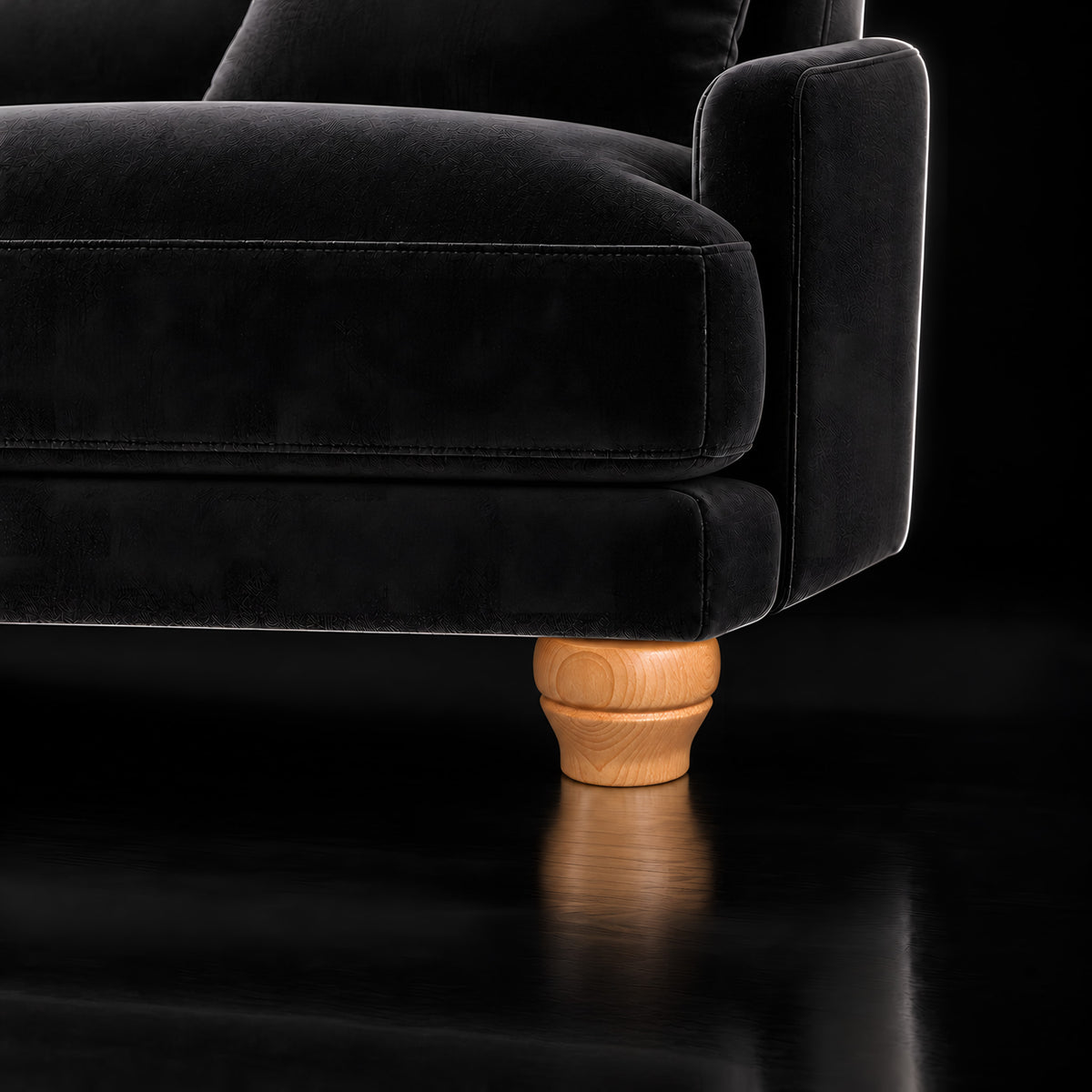 Wooden leg 116 — Wooden leg 116 · on a sofa, black studio