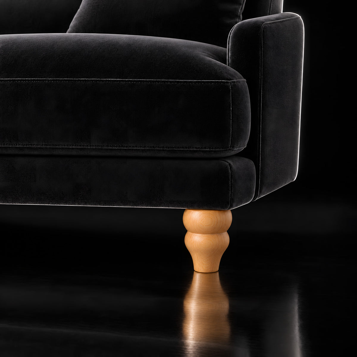 Wooden leg 155 — Wooden leg 155 · on a sofa, black studio