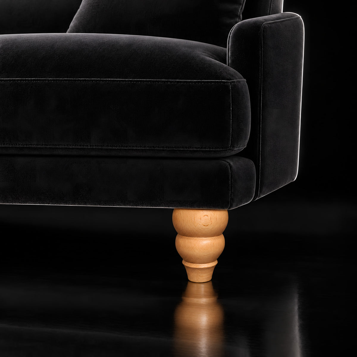 Wooden leg 156 — Wooden leg 156 · on a sofa, black studio
