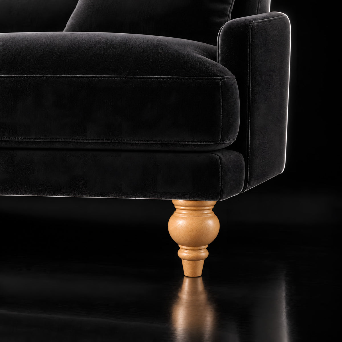 Wooden leg 157 — Wooden leg 157 · on a sofa, black studio