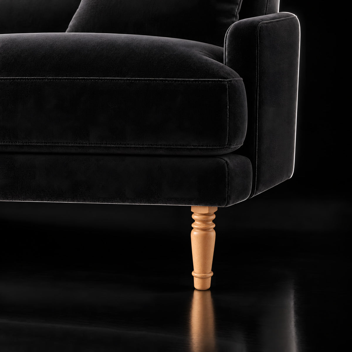 Wooden leg 170 — Wooden leg 170 · on a sofa, black studio