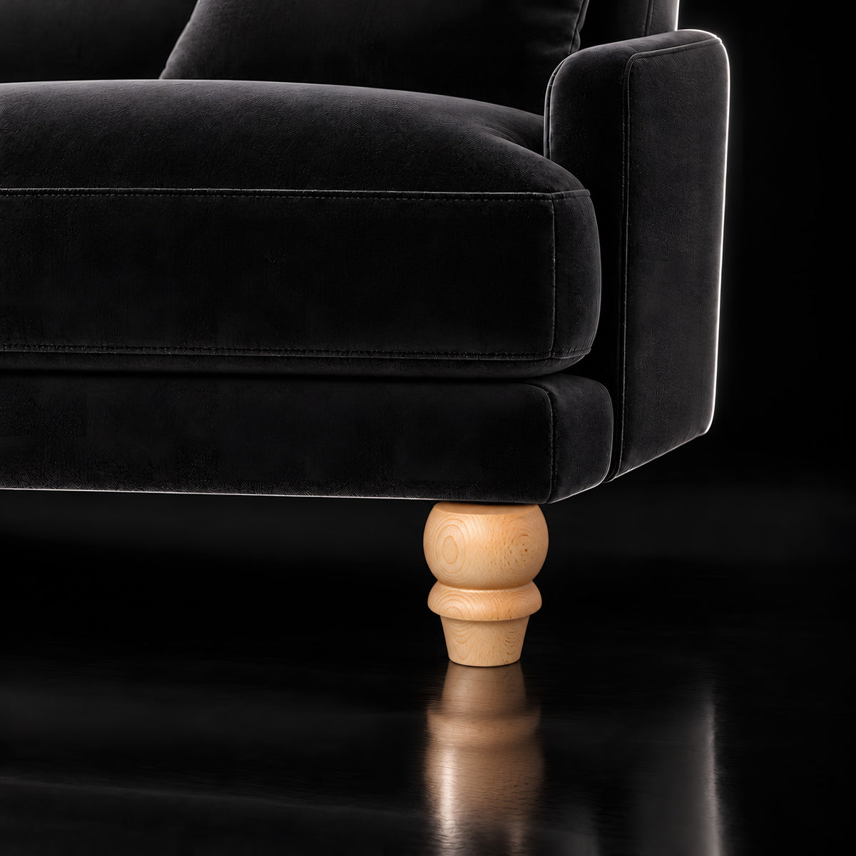 Wooden leg 180 — Wooden leg 180 · on a sofa, black studio