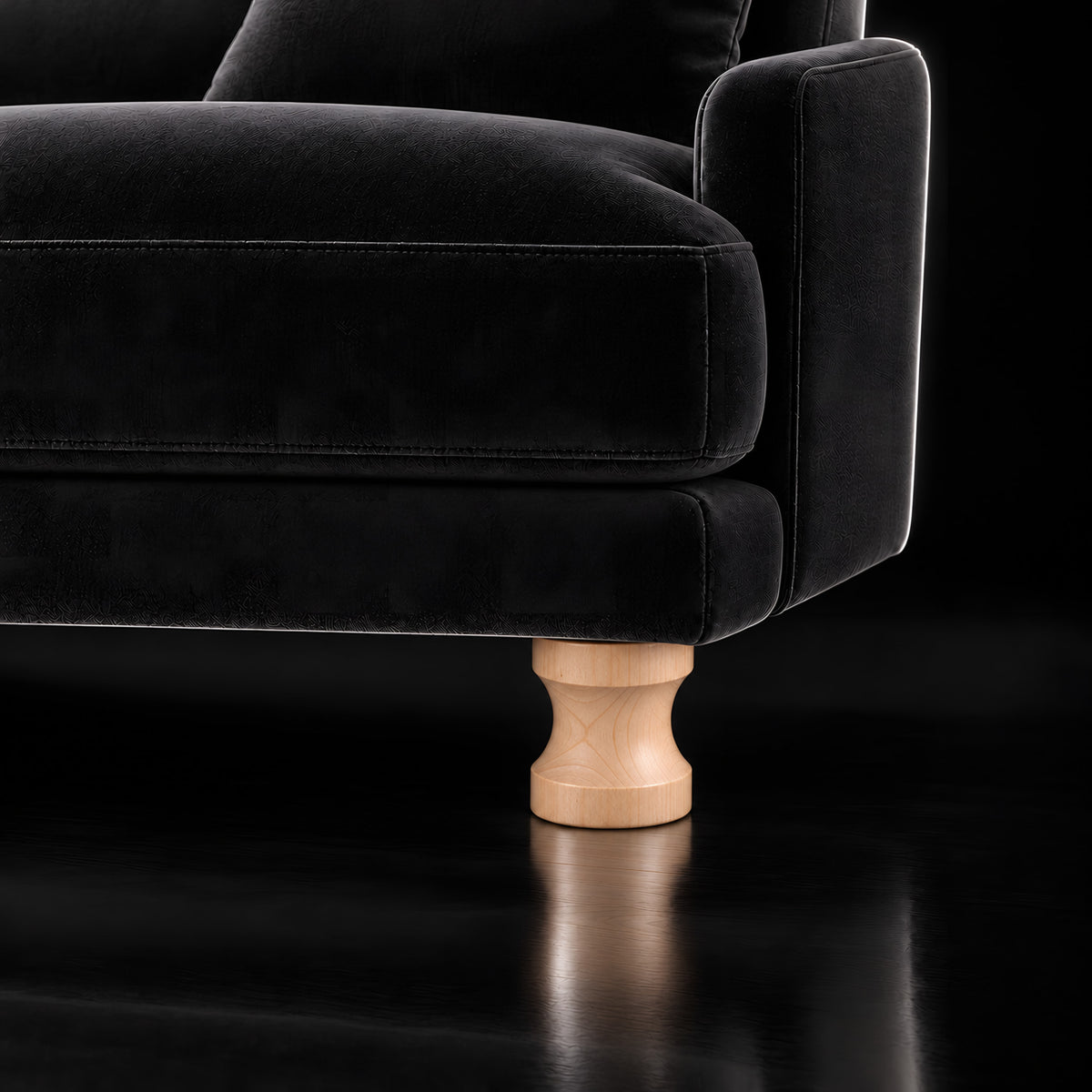 Wooden leg 186 — Wooden leg 186 · on a sofa, black studio