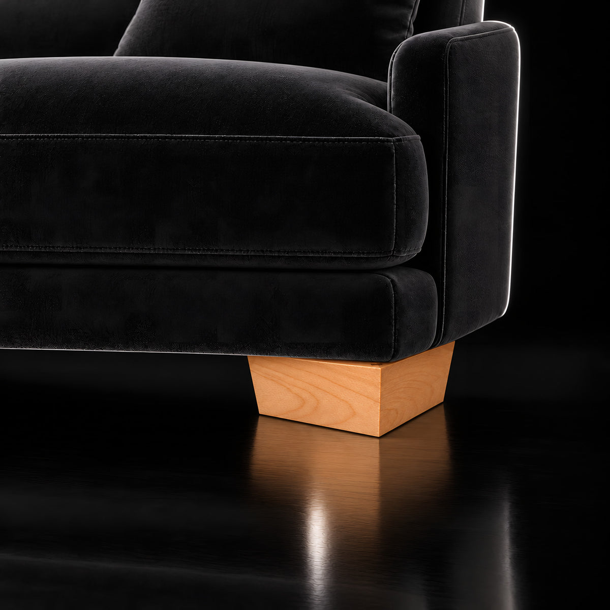 Wooden leg 201 — Wooden leg 201 · on a sofa, black studio