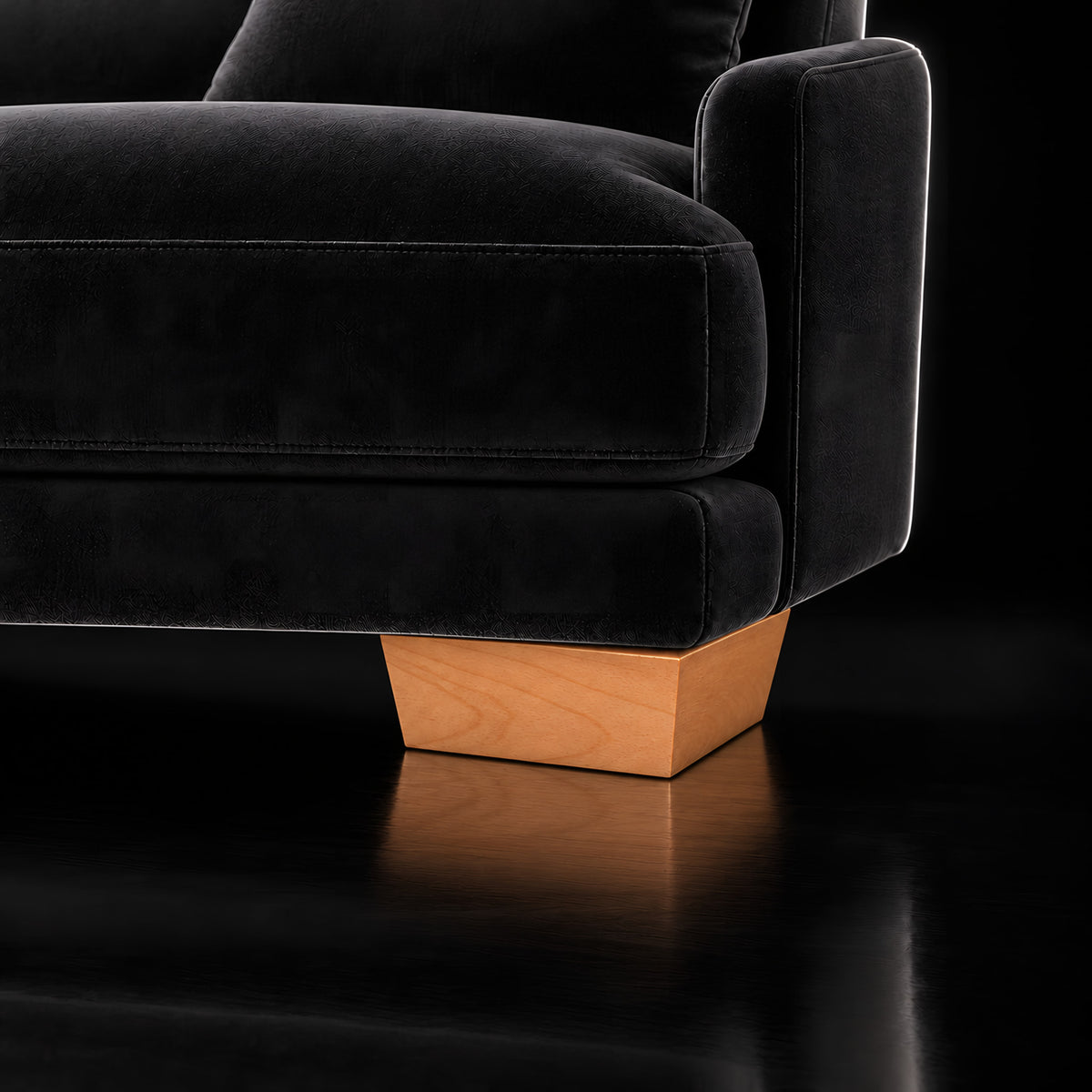 Wooden leg 202 — Wooden leg 202 · on a sofa, black studio