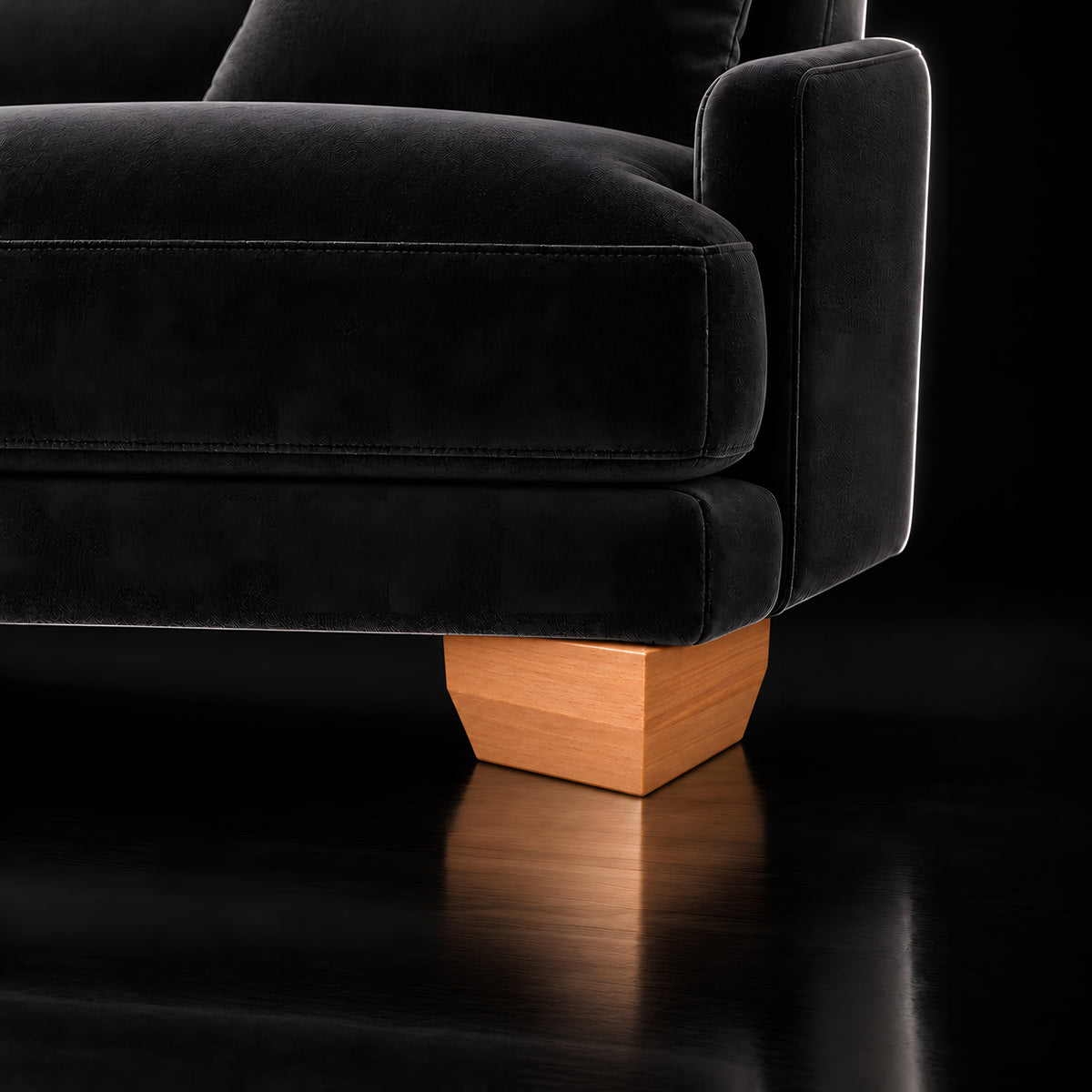 Wooden leg 204 — Wooden leg 204 · on a sofa, black studio
