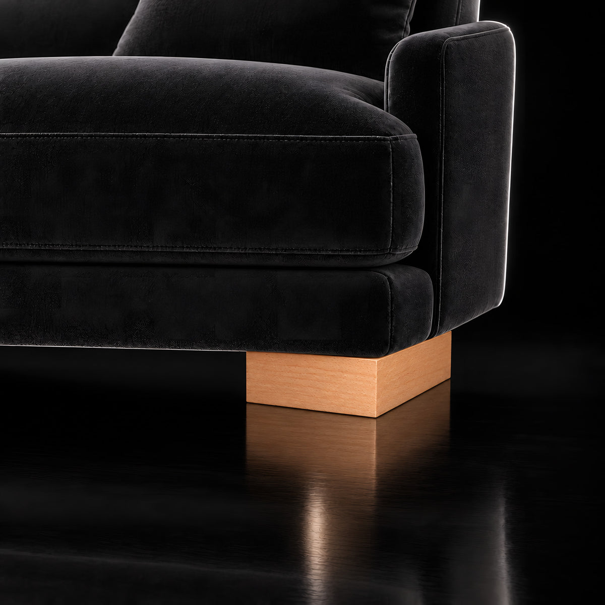Wooden leg 207 — Wooden leg 207 · on a sofa, black studio