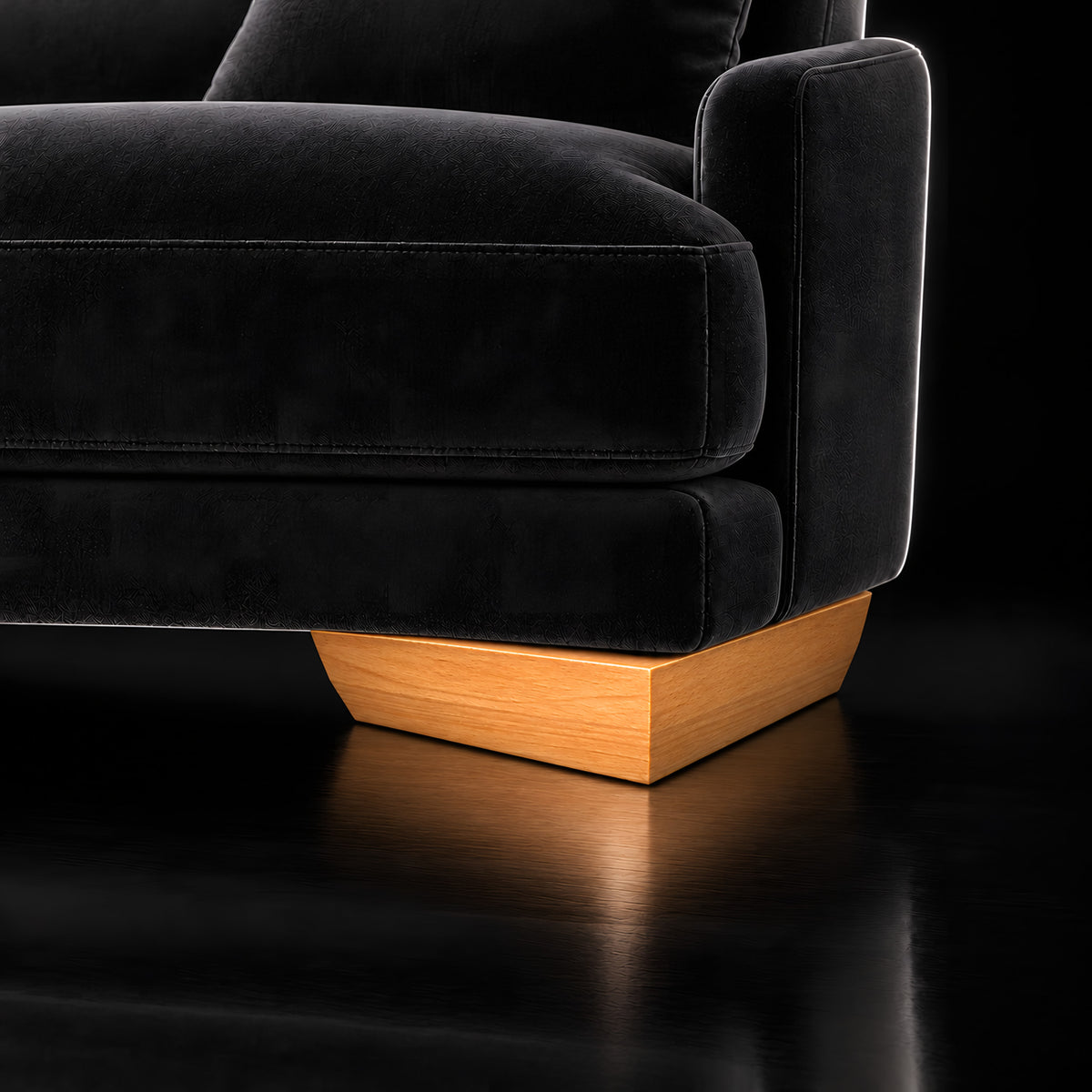 Wooden leg 212 — Wooden leg 212 · on a sofa, black studio