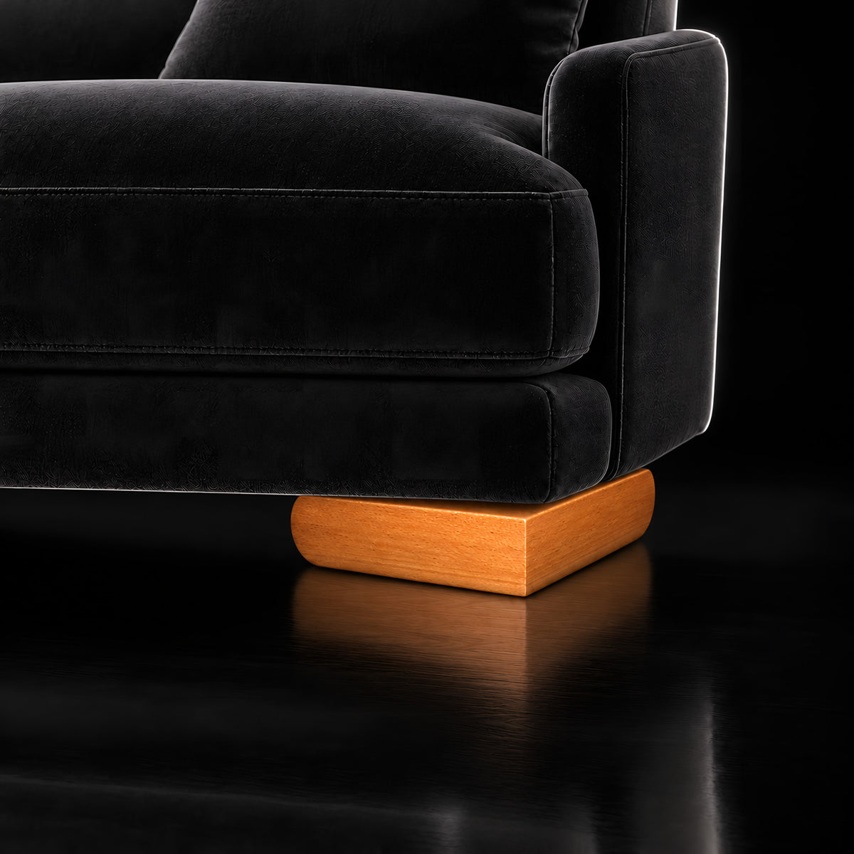 Wooden leg 213 — Wooden leg 213 · on a sofa, black studio
