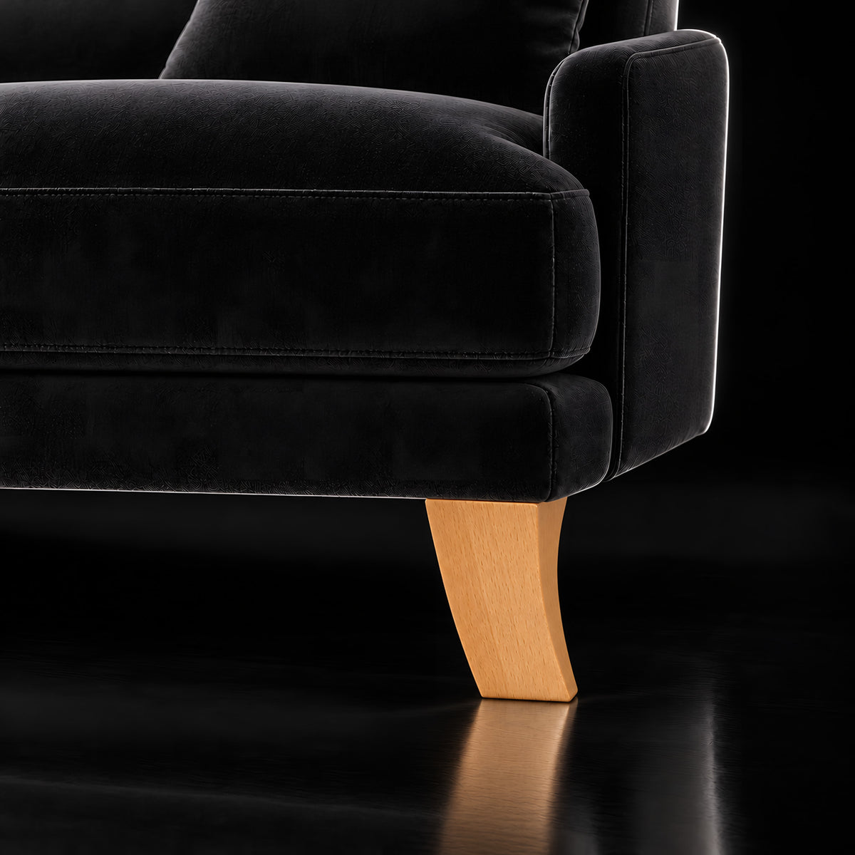 Wooden leg 301 — Wooden leg 301 · on a sofa, black studio