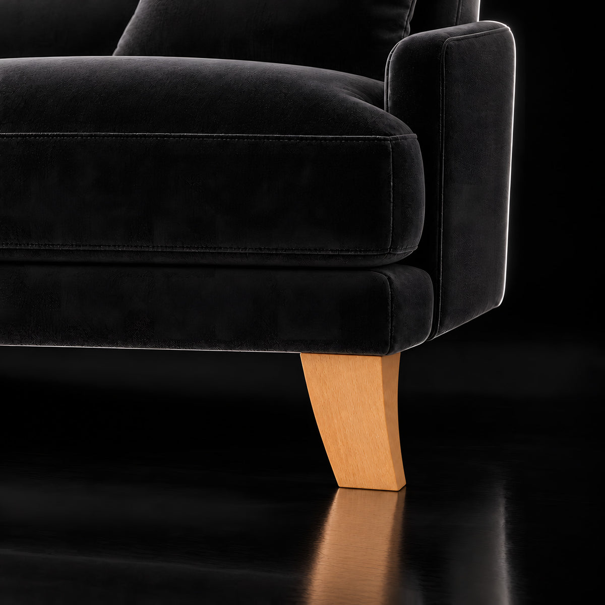 Wooden leg 302 — Wooden leg 302 · on a sofa, black studio