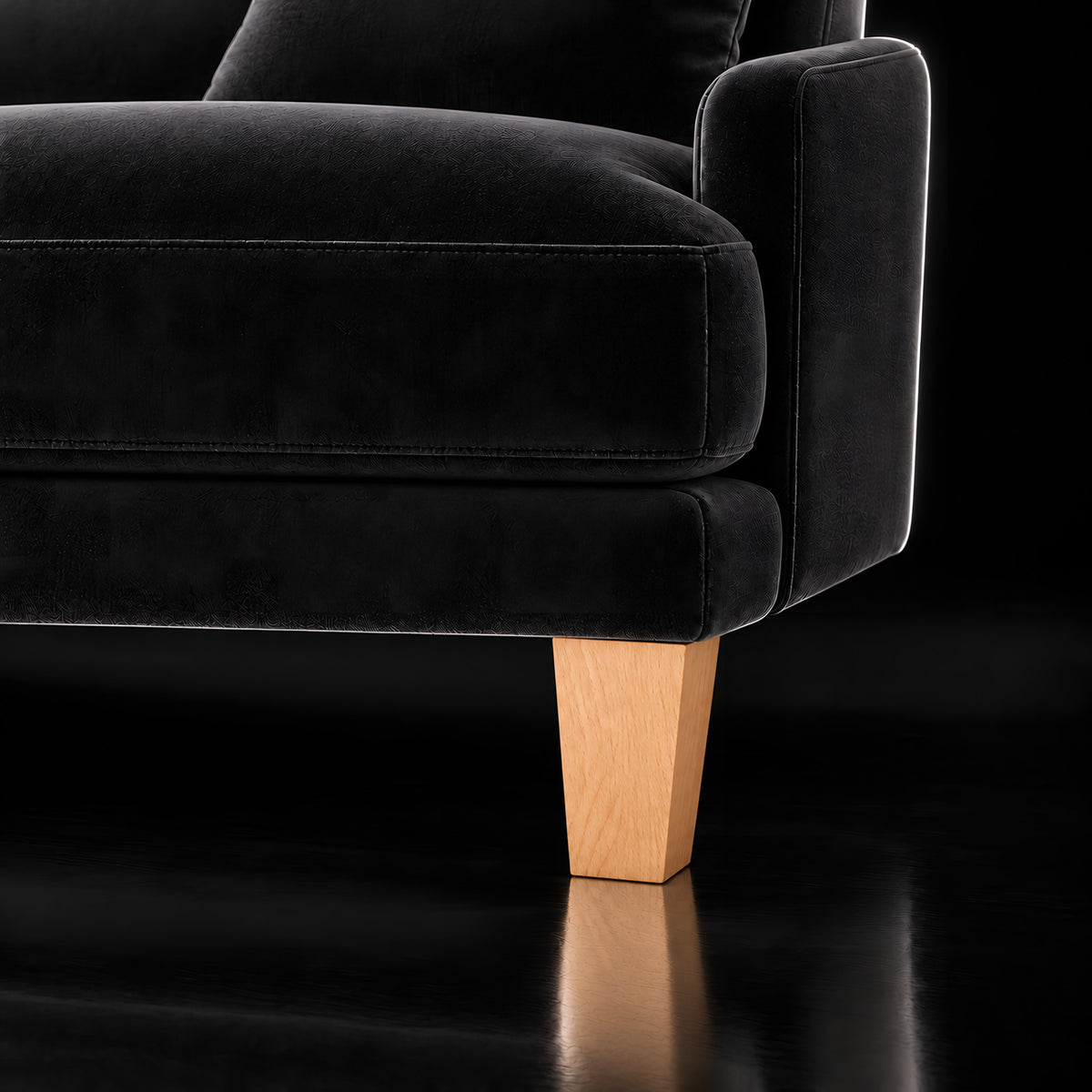 Wooden leg 303 — Wooden leg 303 · on a sofa, black studio