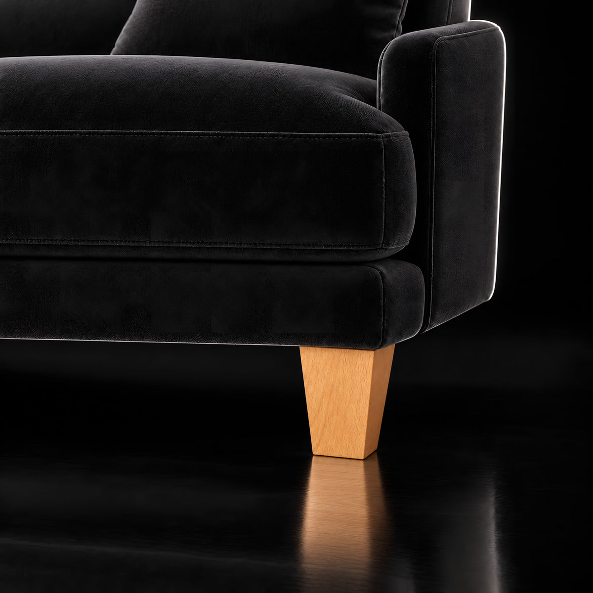 Wooden leg 306 — Wooden leg 306 · on a sofa, black studio