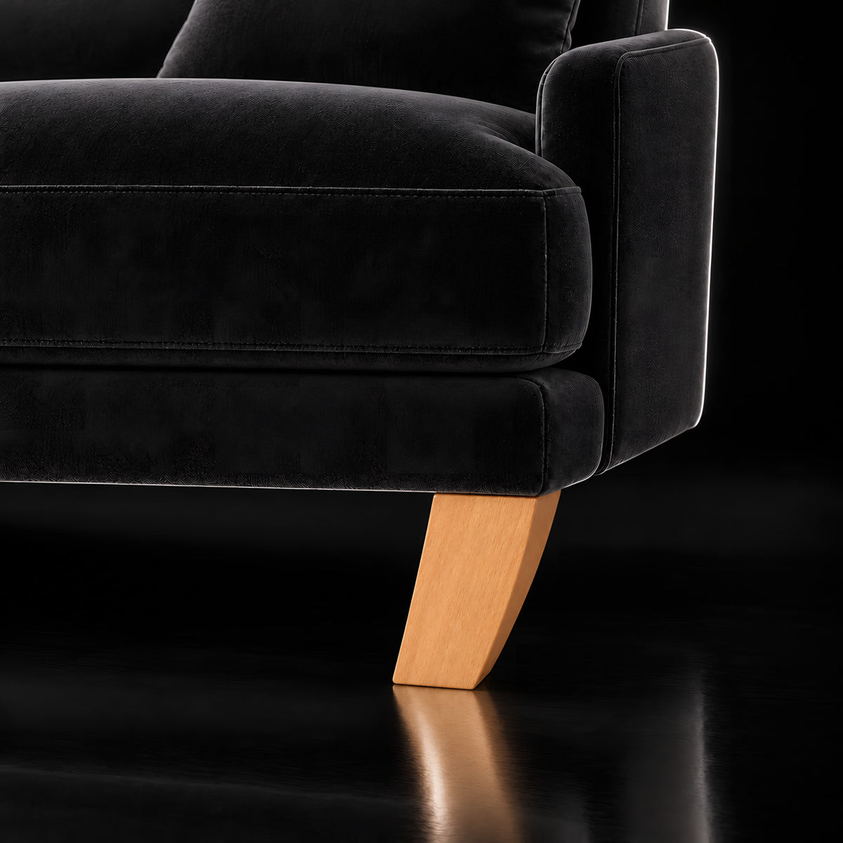 Wooden leg 309 — Wooden leg 309 · on a sofa, black studio