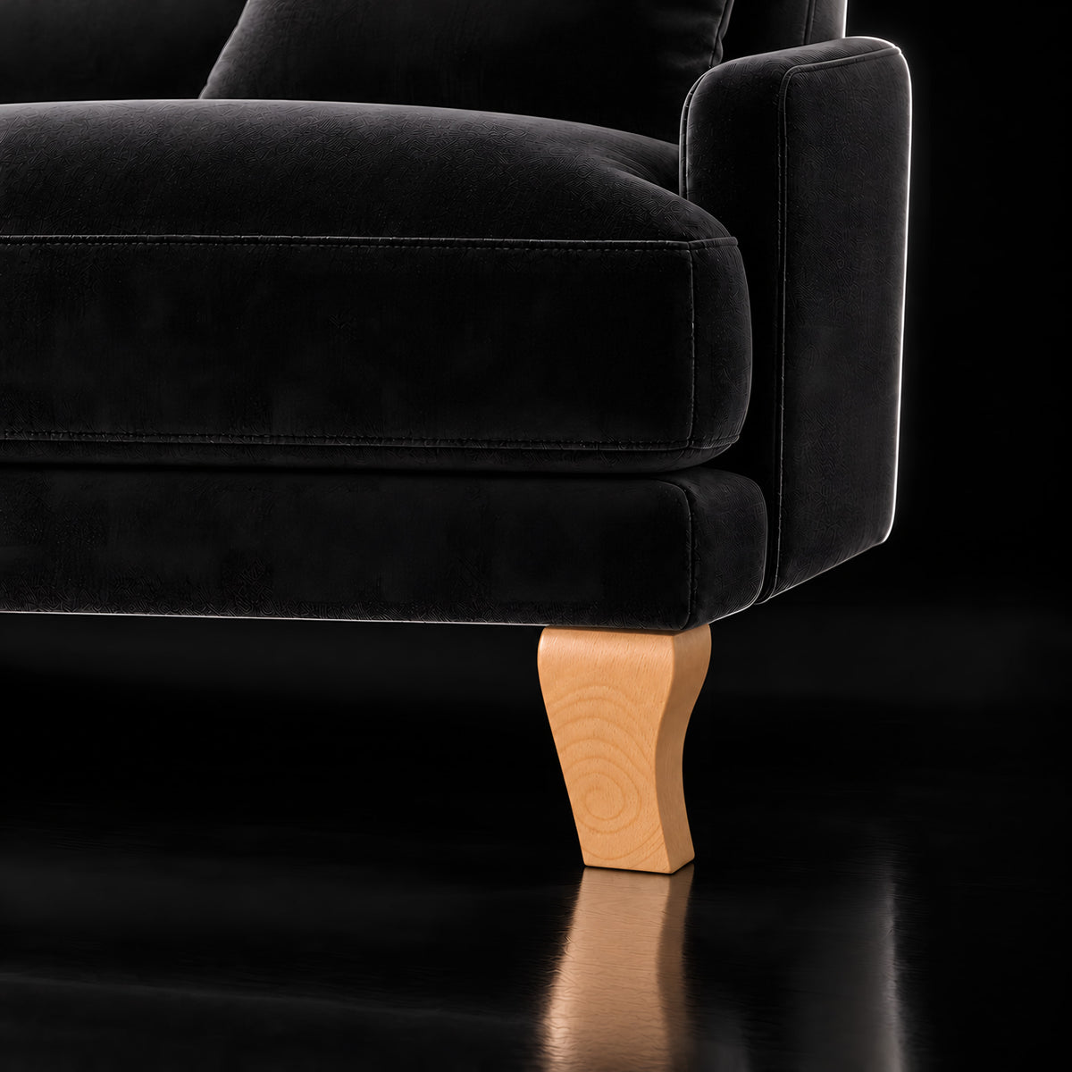 Wooden leg 310 — Wooden leg 310 · on a sofa, black studio
