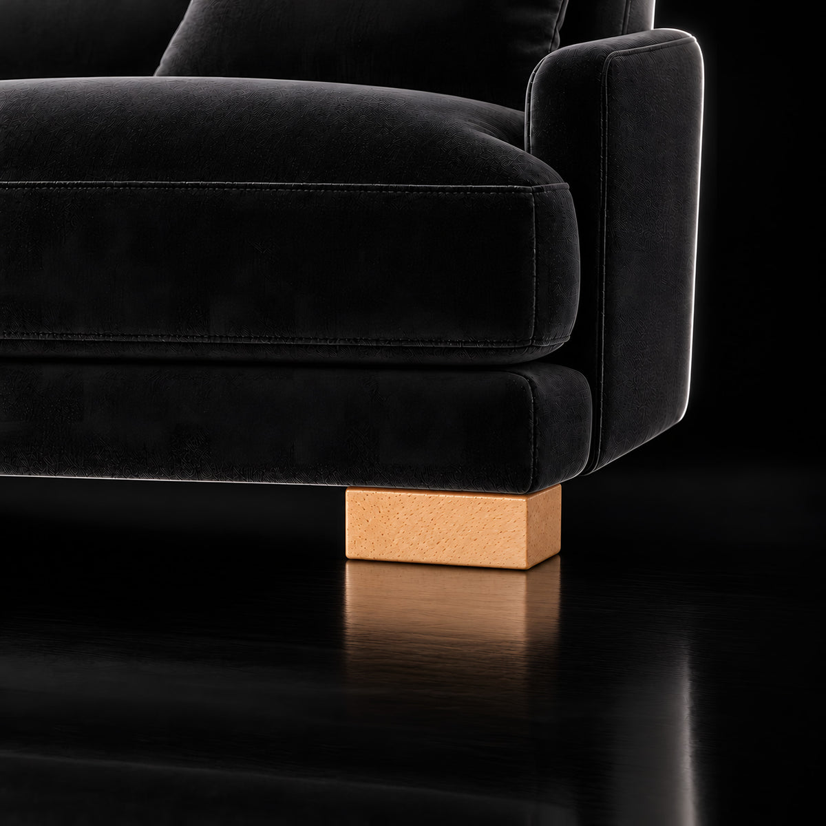 Wooden leg 421 — Wooden leg 421 · on a sofa, black studio