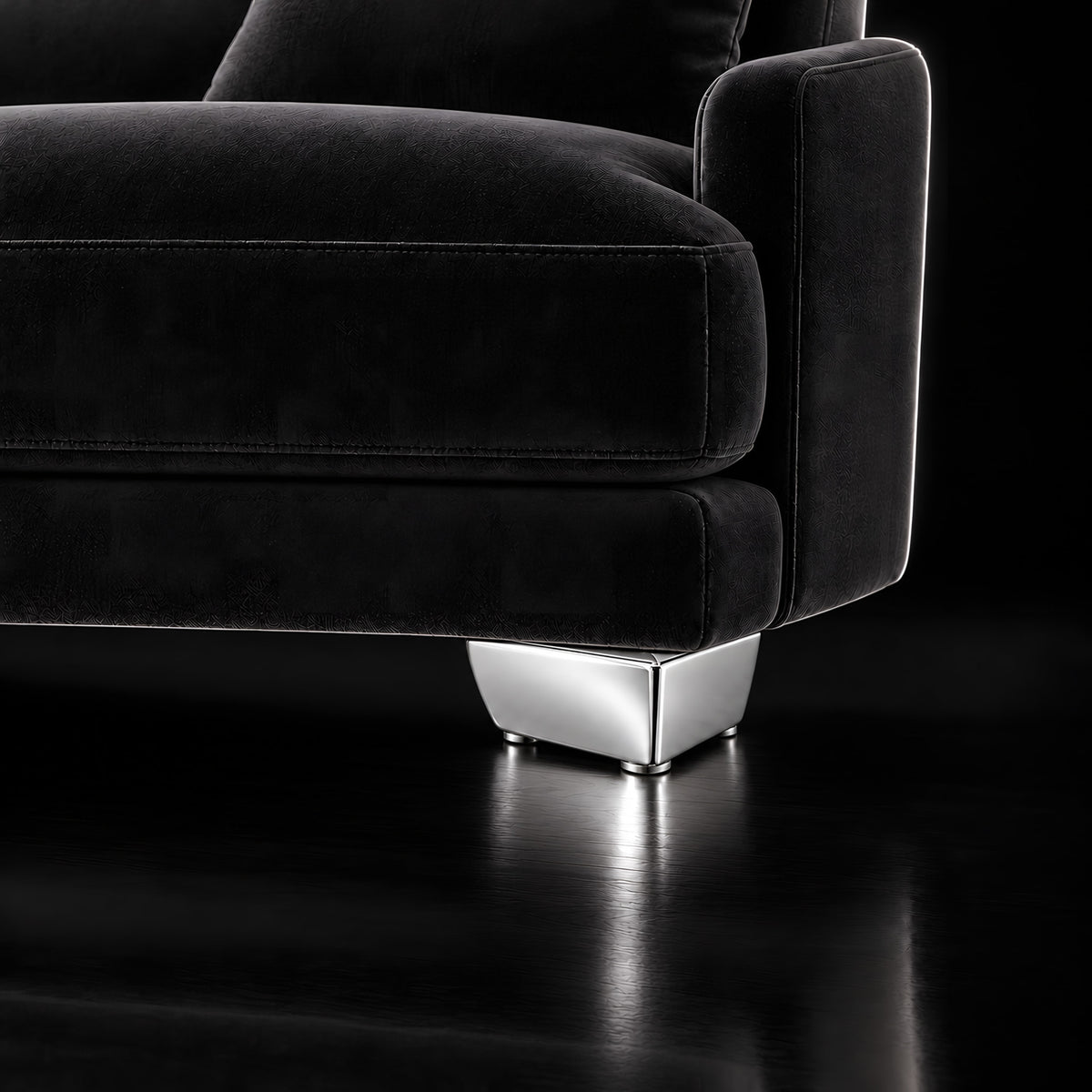 Metal leg S 16 5.5 × 11 cm — Metal leg S 16 5.5 × 11 cm · on a sofa, black studio