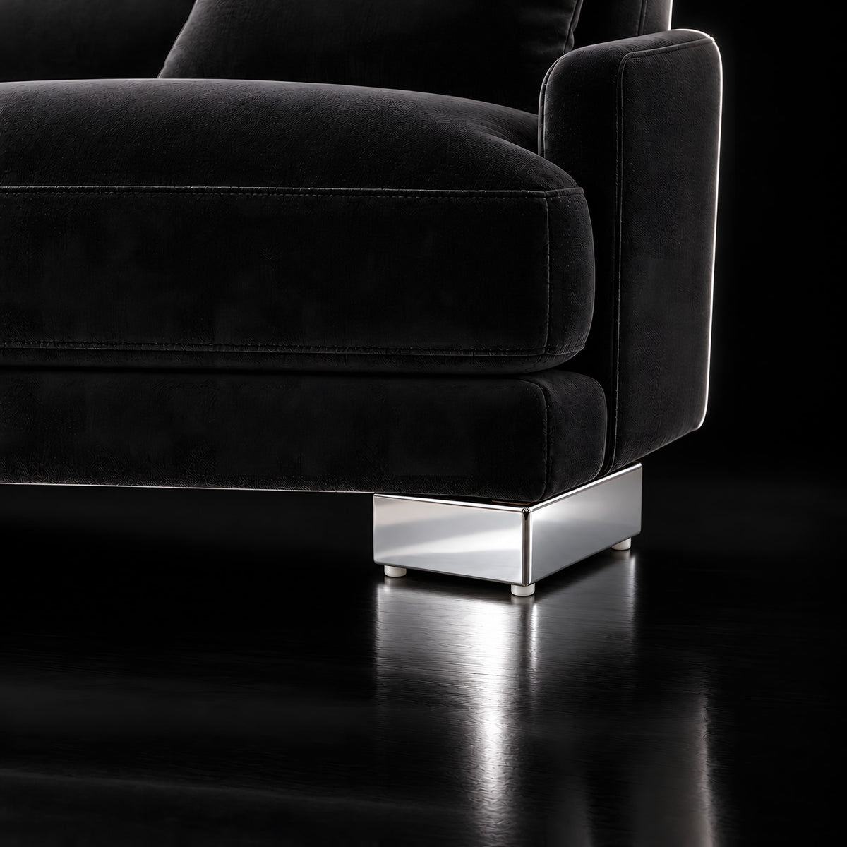 Metal leg S 22 15 × 22 × 5.5 cm — Metal leg S 22 15 × 22 × 5.5 cm · on a sofa, black studio